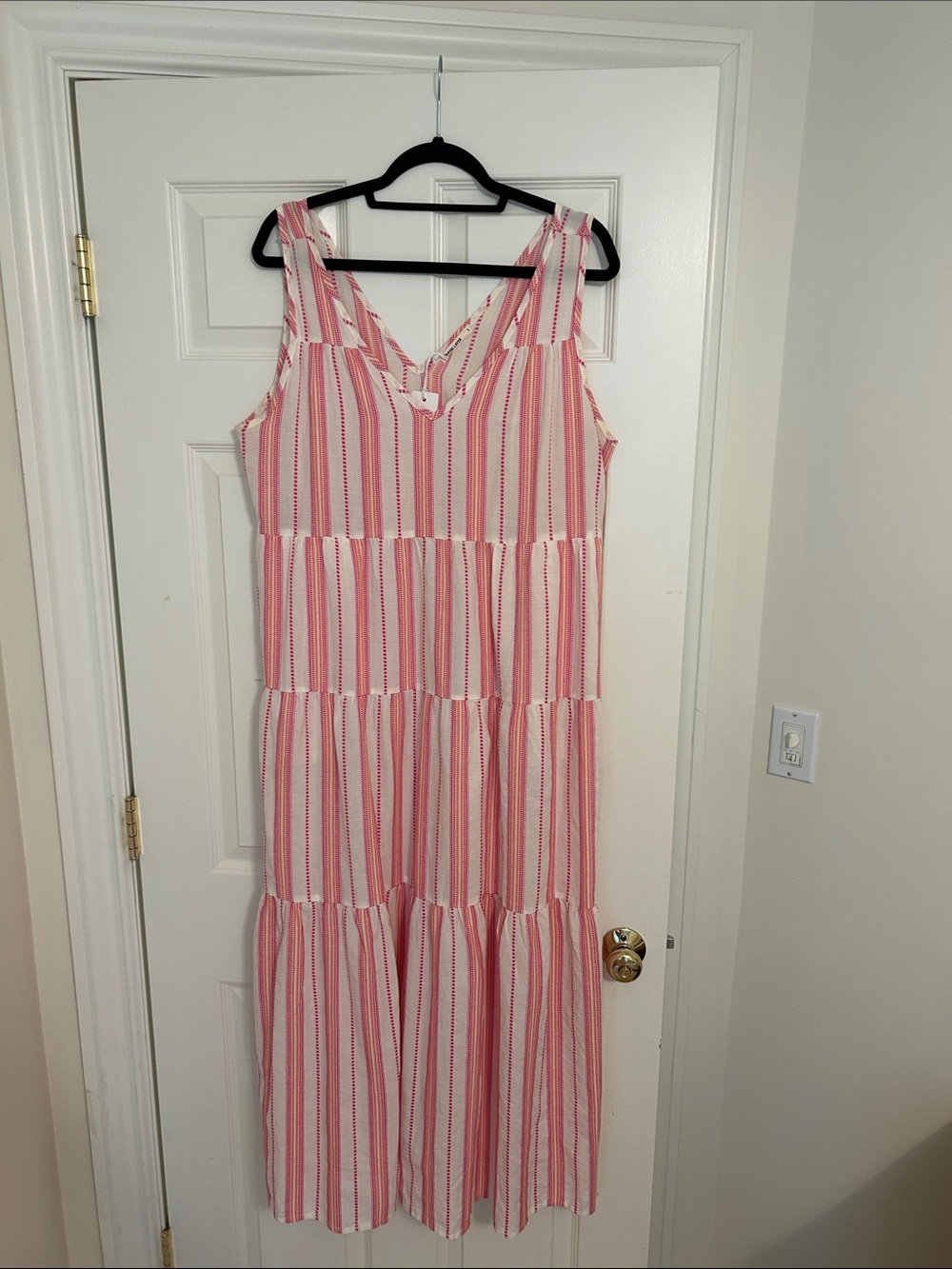 Marine Layer Pink and White Vertical-Strip Tiered Maxi Dress